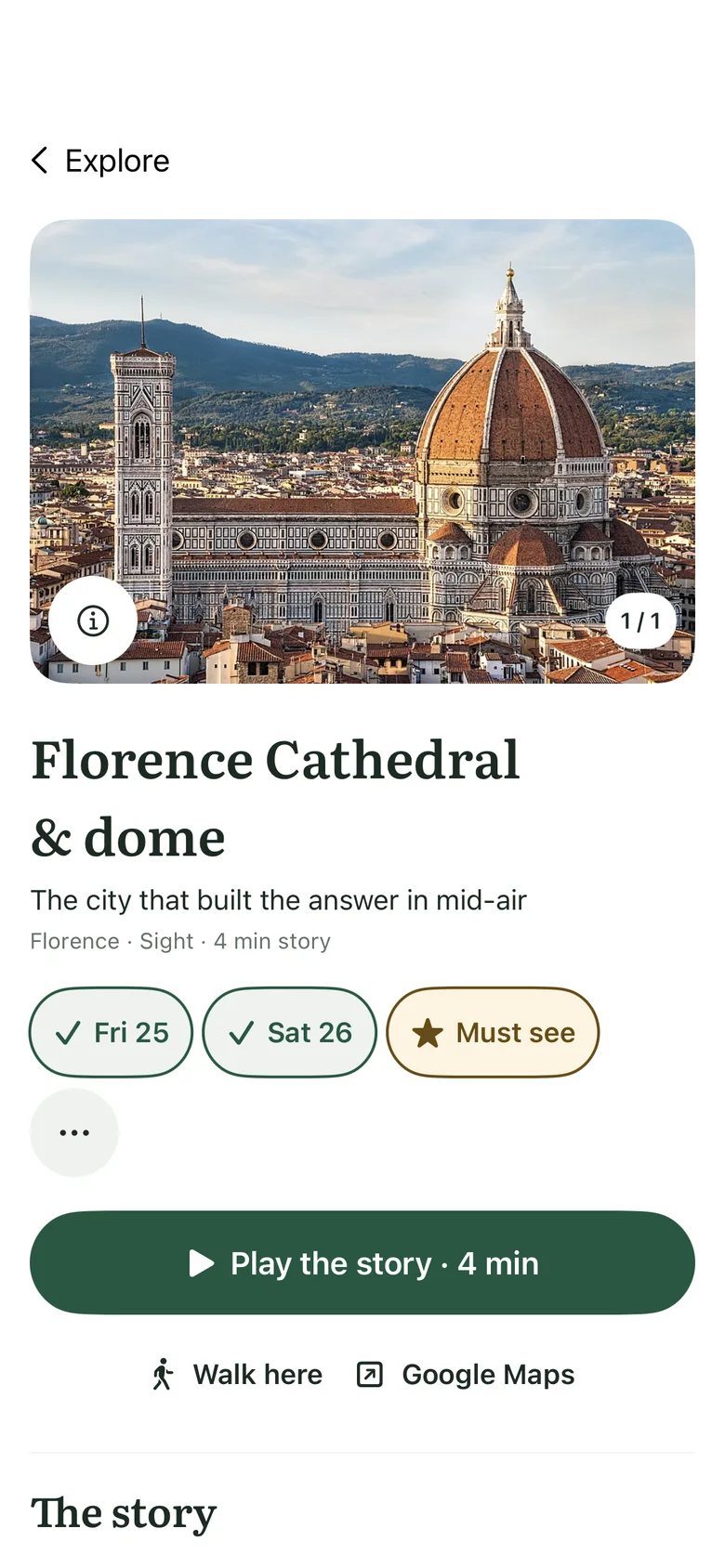 The place page for Florence Cathedral and its dome, planned for Friday and Saturday and marked must see, with a Play the story button.