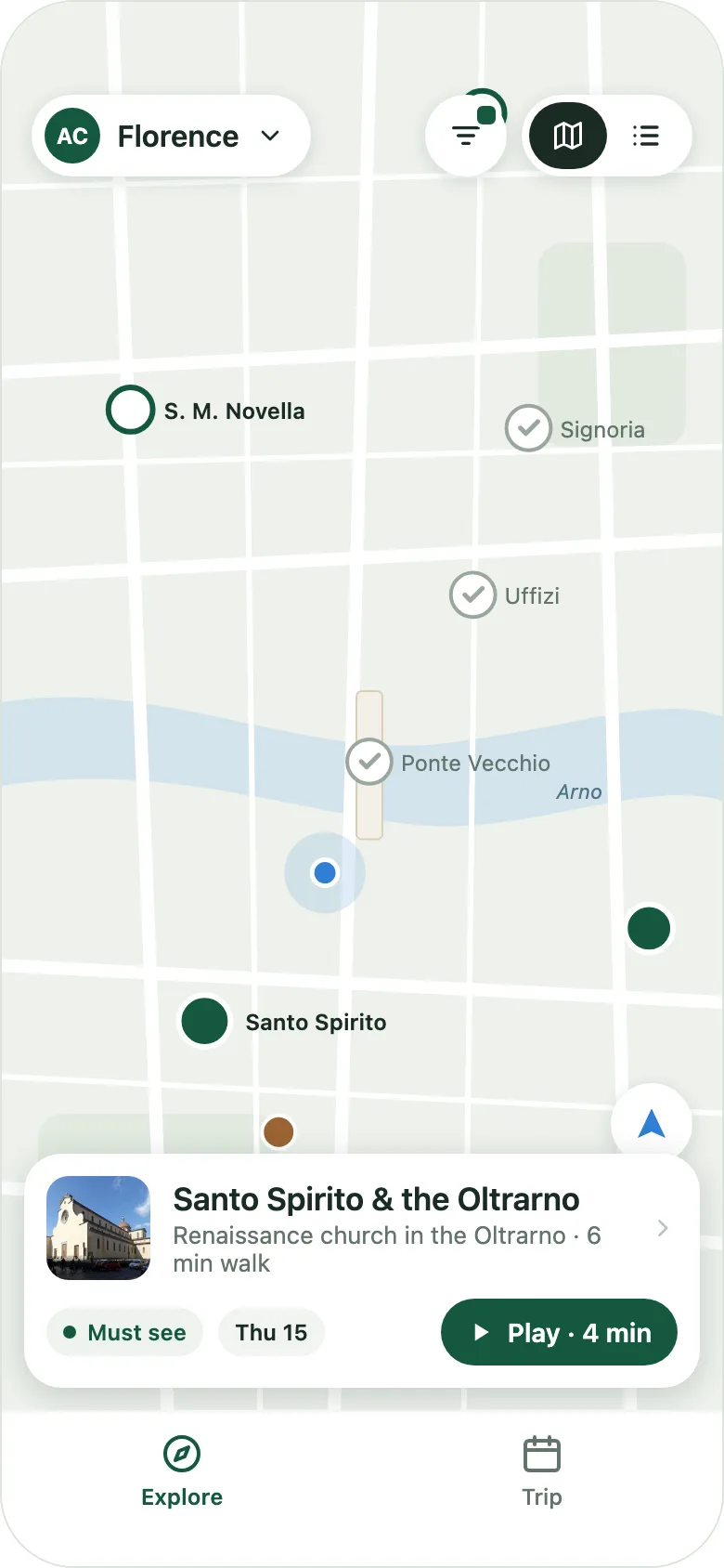 The Explore map of Florence with today's places as pins, a blue dot for where you are, and a preview card for Santo Spirito with a Play button.